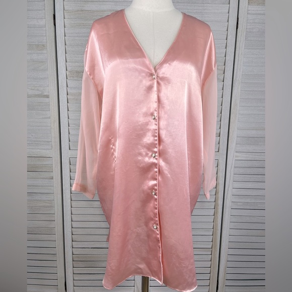 VICTORIA'S SECRET Vintage Gold Label Satin Sleep Shirt w Sheer Sleeves Pink-M/L - Picture 1 of 8